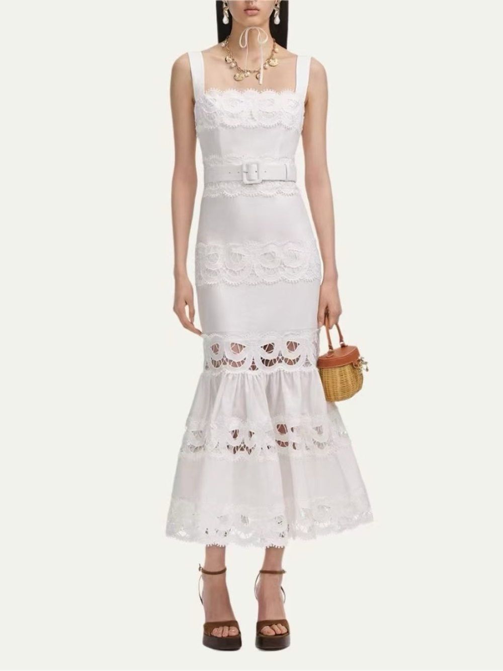 NWOT Self-Portrait White Lace Trim Square-Neck Midi Dress, Size US 2/4/6/8